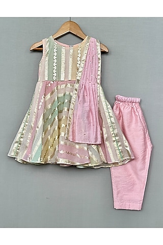 Multi-Colored Chanderi Kurta Set For Girls by Label Neeti