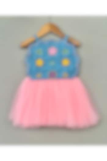 Blue Denim & Net Hand Embroidered Dress For Girls by Label Neeti at Pernia's Pop Up Shop