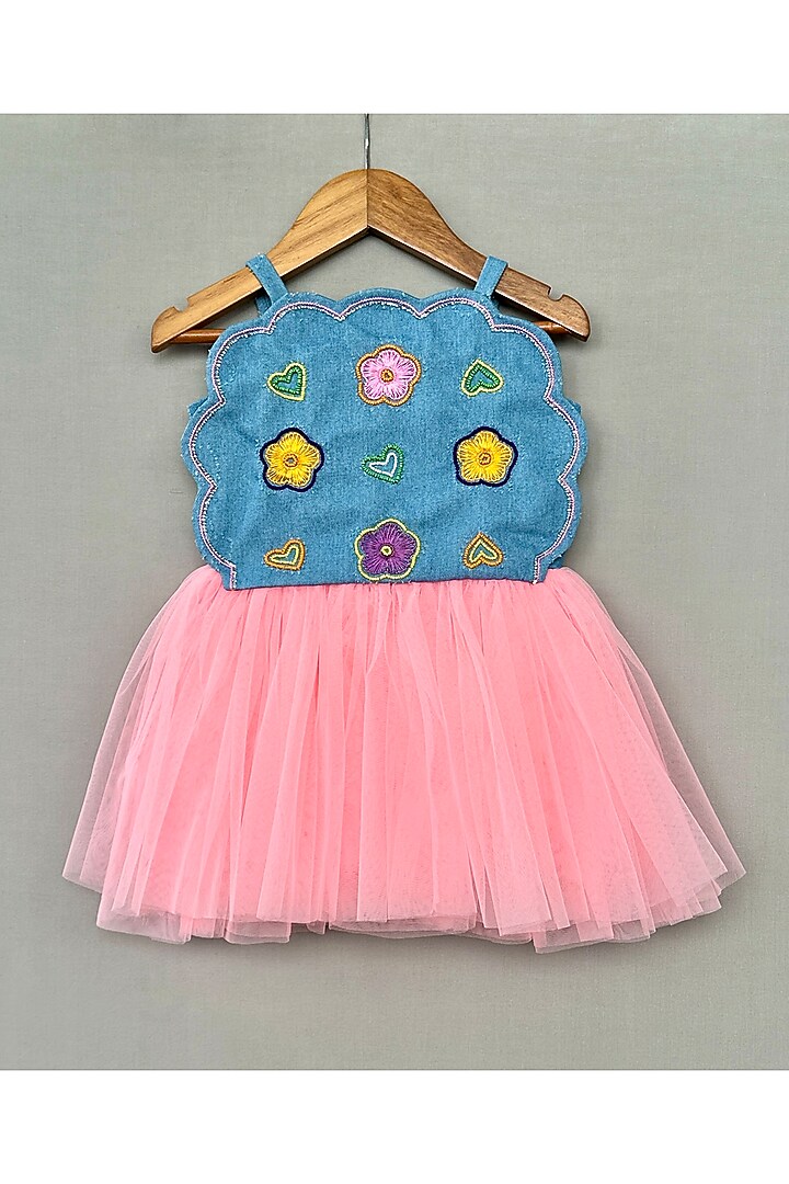 Blue Denim & Net Hand Embroidered Dress For Girls by Label Neeti at Pernia's Pop Up Shop