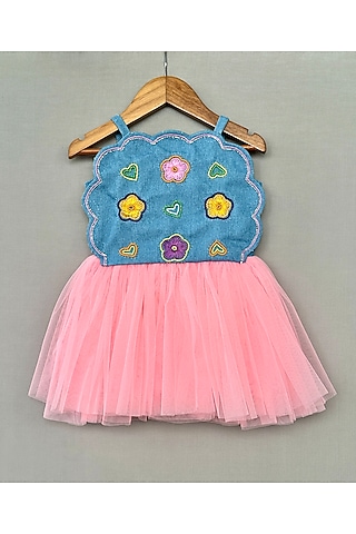 Blue Denim & Net Hand Embroidered Dress For Girls by Label Neeti