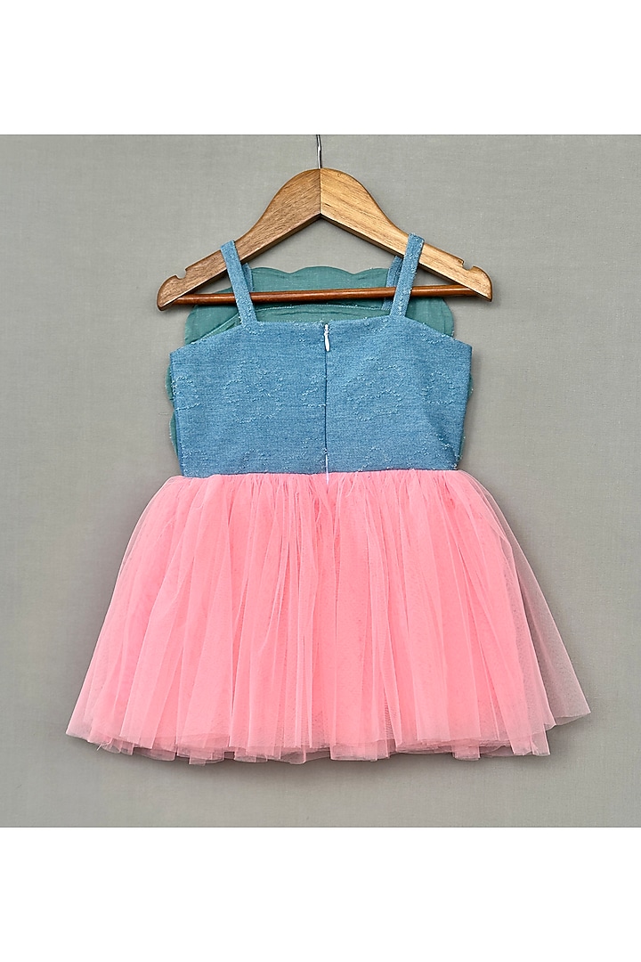 Blue Denim & Net Hand Embroidered Dress For Girls by Label Neeti at Pernia's Pop Up Shop