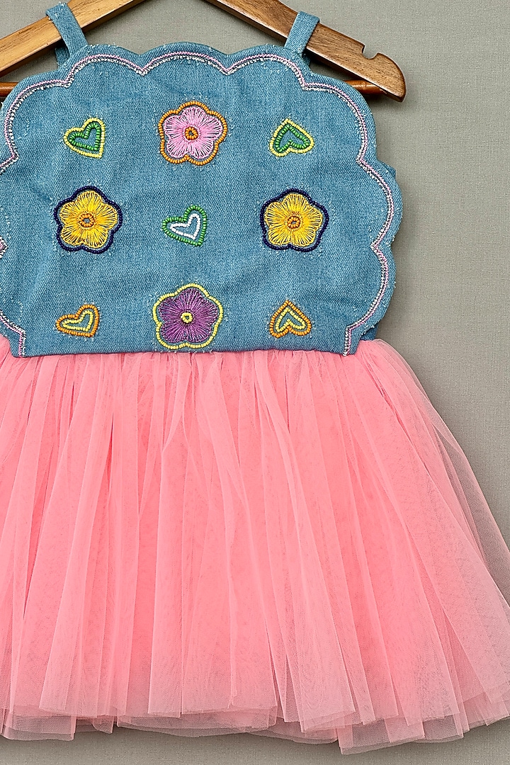 Blue Denim & Net Hand Embroidered Dress For Girls by Label Neeti at Pernia's Pop Up Shop