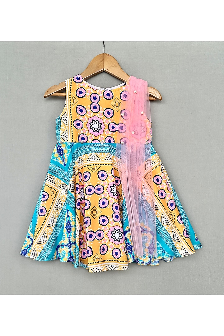 Multi-Colored Muslin Geometric Printed & Embellished Dress For Girls by Label Neeti at Pernia's Pop Up Shop
