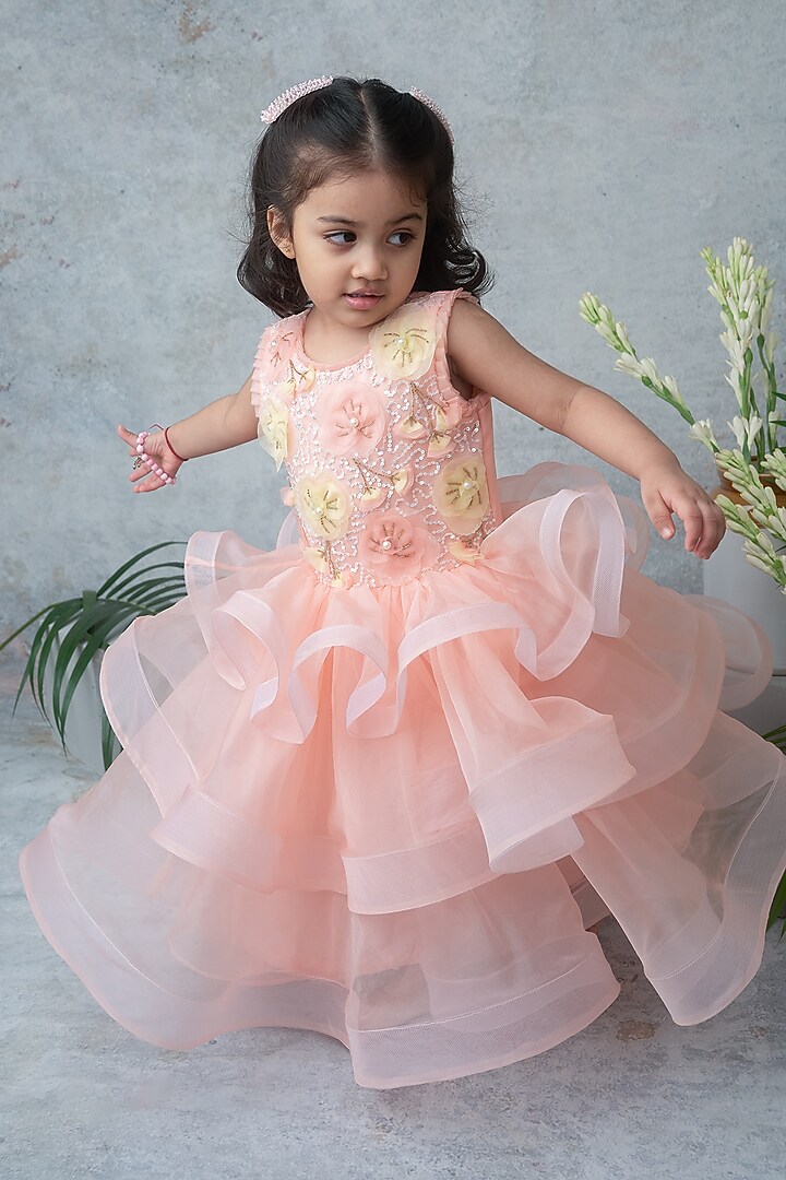 Peach Organza Hand Embroidered Gown For Girls by Label Neeti at Pernia's Pop Up Shop