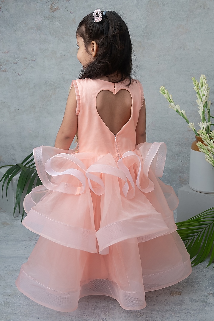 Peach Organza Hand Embroidered Gown For Girls by Label Neeti at Pernia's Pop Up Shop