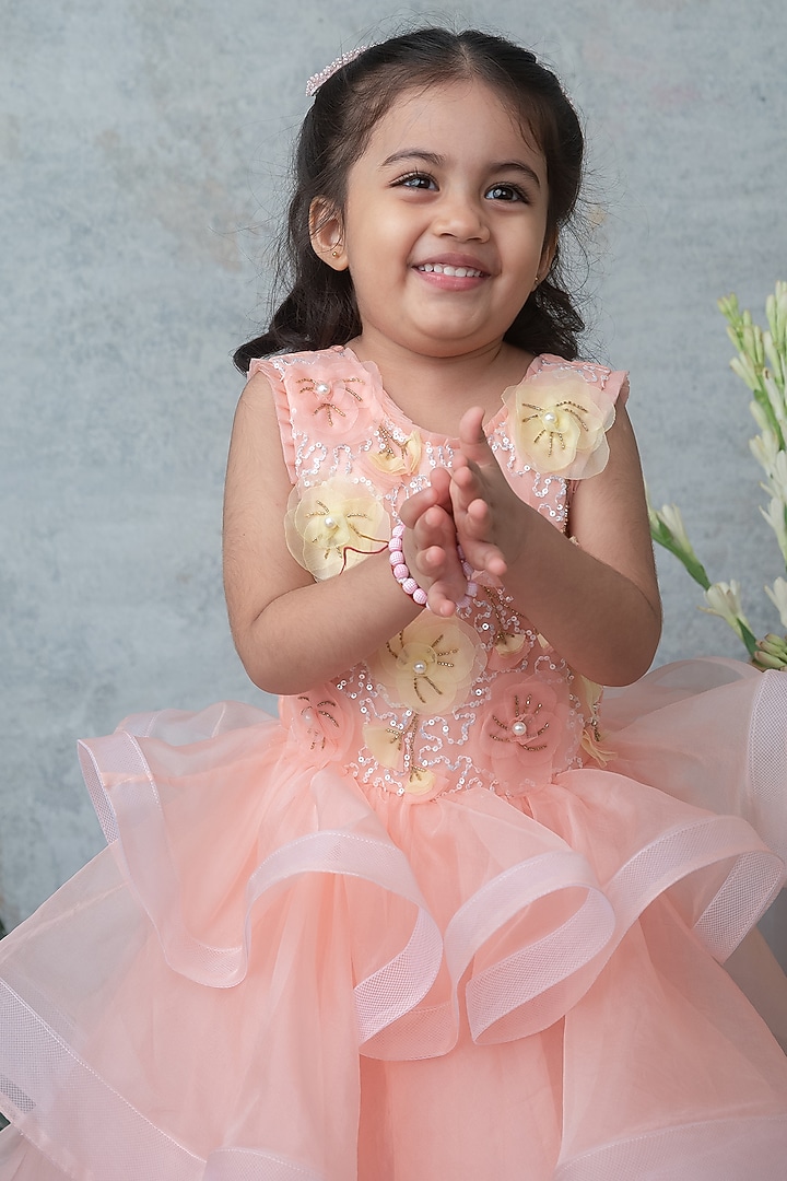 Peach Organza Hand Embroidered Gown For Girls by Label Neeti at Pernia's Pop Up Shop