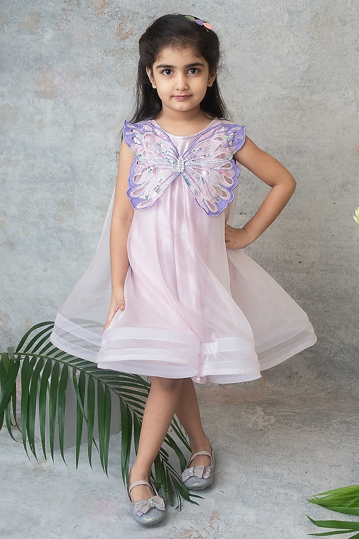Lavender Organza Hand Embroidered Dress For Girls by Label Neeti at Pernia's Pop Up Shop