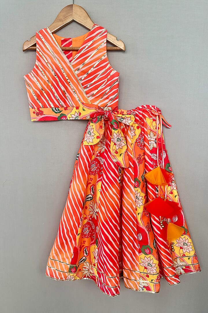 Multi-Colored Muslin Printed Lehenga Set For Girls by Label Neeti at Pernia's Pop Up Shop