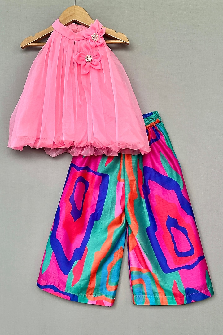 Multi-Colored Organza & Muslin Printed Palazzo Set For Girls by Label Neeti at Pernia's Pop Up Shop