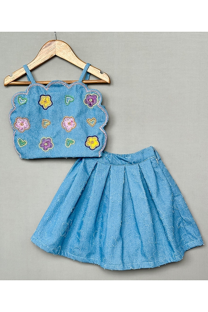 Blue Denim Skirt Set For Girls by Label Neeti at Pernia's Pop Up Shop