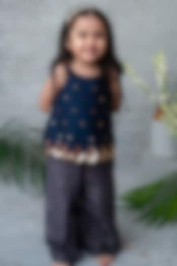 Navy Blue Chanderi Printed Palazzo Set For Girls by Label Neeti at Pernia's Pop Up Shop