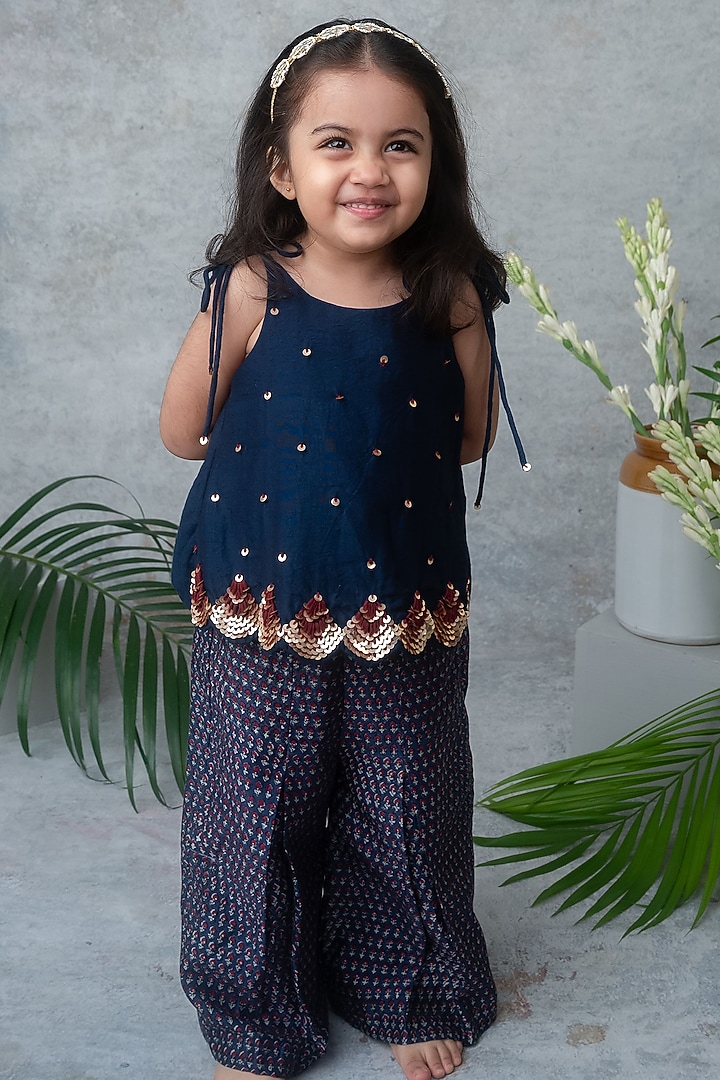 Navy Blue Chanderi Printed Palazzo Set For Girls by Label Neeti at Pernia's Pop Up Shop