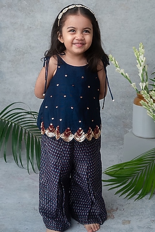 Navy Blue Chanderi Printed Palazzo Set For Girls by Label Neeti