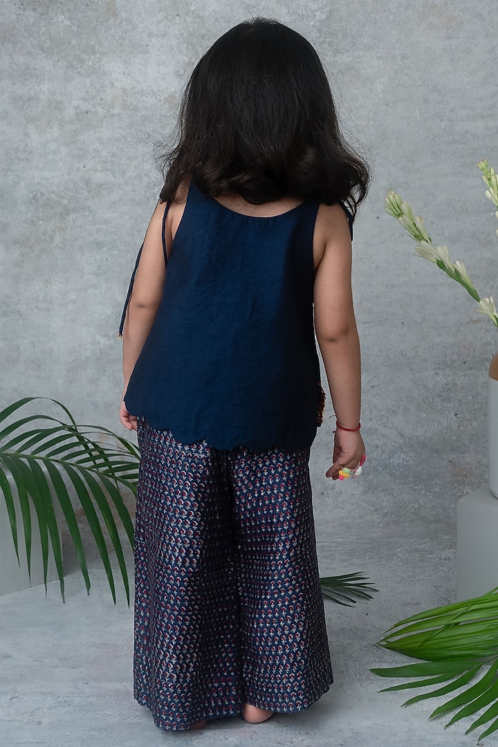Navy Blue Chanderi Printed Palazzo Set For Girls by Label Neeti at Pernia's Pop Up Shop