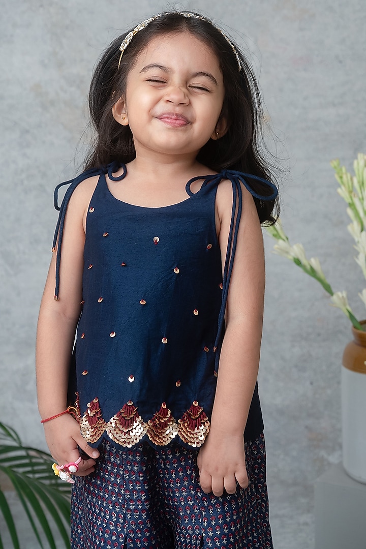 Navy Blue Chanderi Printed Palazzo Set For Girls by Label Neeti at Pernia's Pop Up Shop