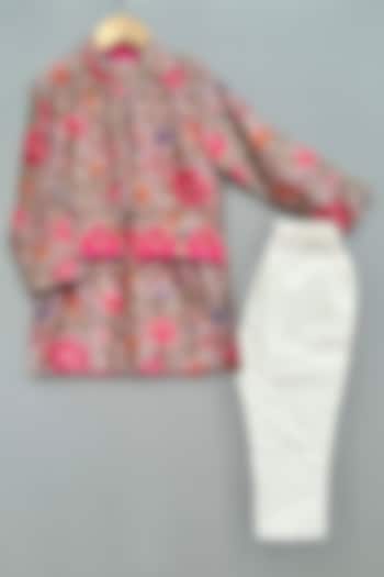 Multi-Colored Chanderi Printed & Hand Embroidered Kurta Set For Boys by Label Neeti at Pernia's Pop Up Shop