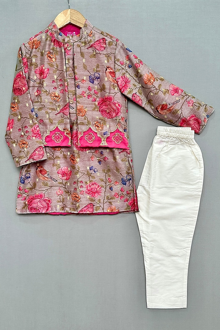 Multi-Colored Chanderi Printed & Hand Embroidered Kurta Set For Boys by Label Neeti at Pernia's Pop Up Shop