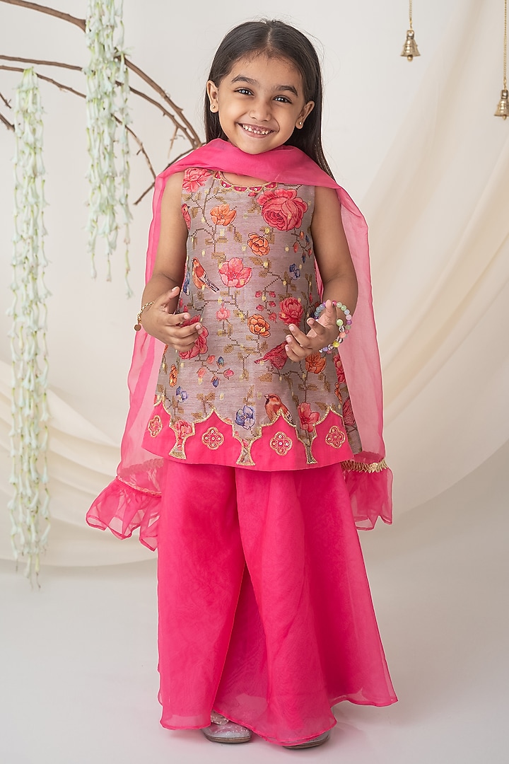 Pink Organza Flared Sharara Set For Girls by Label Neeti at Pernia's Pop Up Shop
