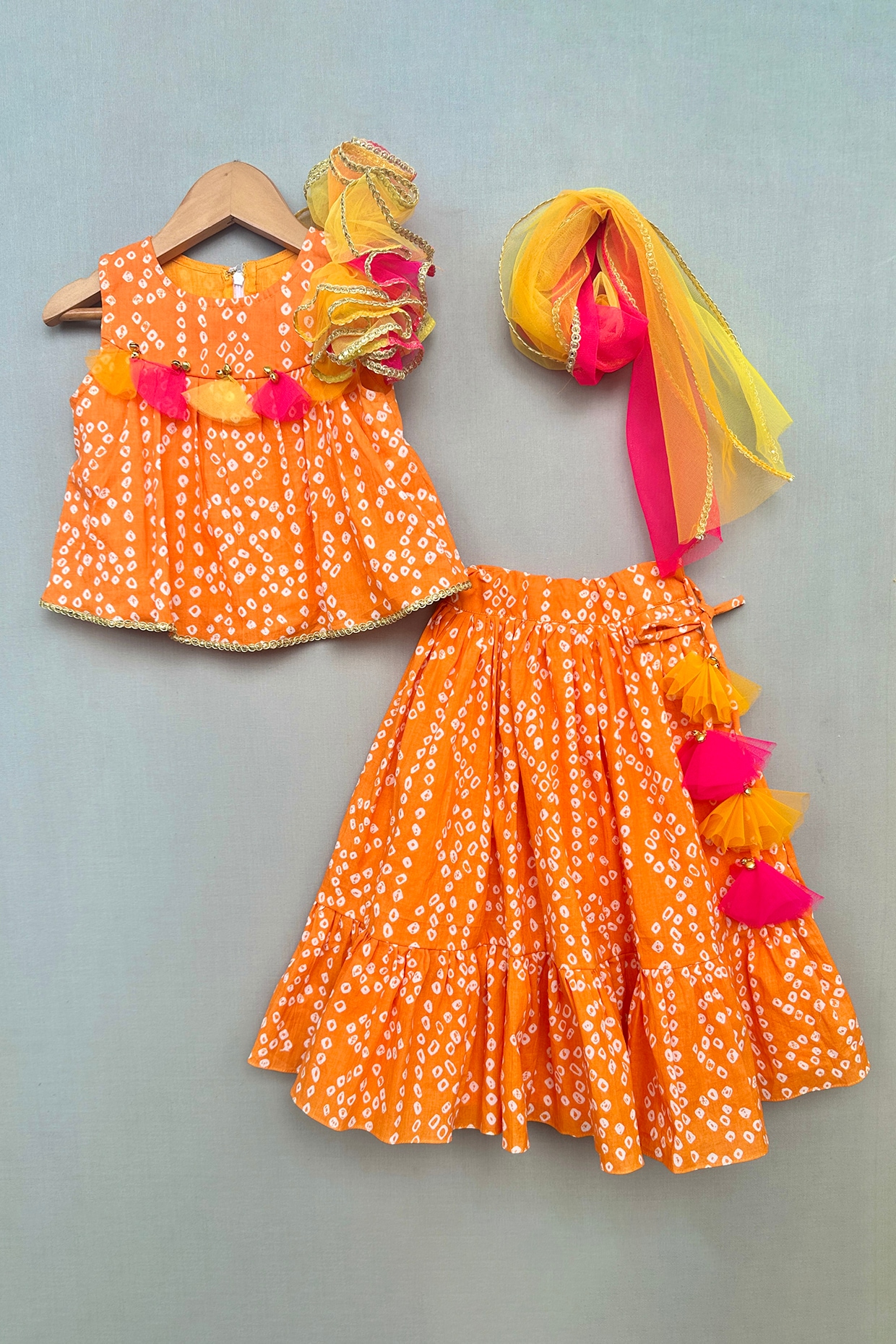 Nautinati Girls' 100% Cotton All-over Bandhani Print Lehenga Choli Set with Net Dupatta