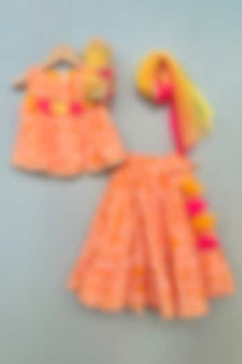 Orange Cotton Bandhani Printed Tiered Lehenga Set For Girls by Label Neeti at Pernia's Pop Up Shop