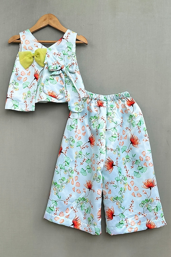 Green Satin Floral Printed Co-Ord Set For Girls by Label Neeti at Pernia's Pop Up Shop