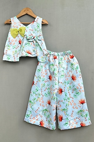 Green Satin Floral Printed Co-Ord Set For Girls by Label Neeti