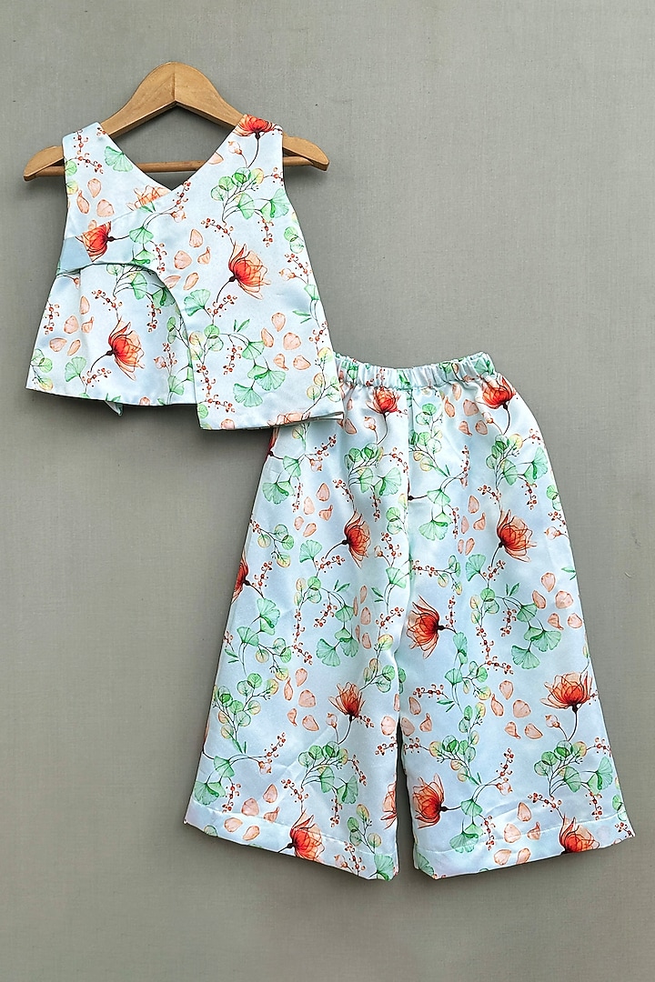 Green Satin Floral Printed Co-Ord Set For Girls by Label Neeti at Pernia's Pop Up Shop