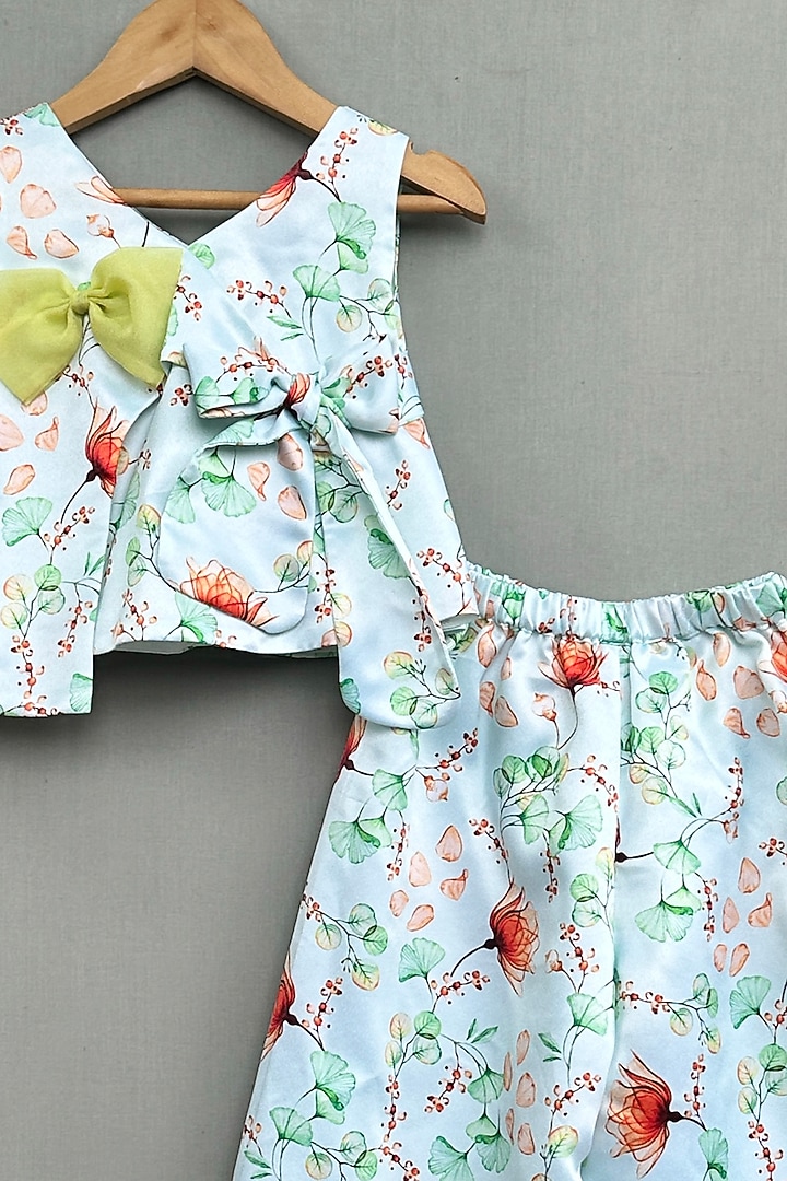 Green Satin Floral Printed Co-Ord Set For Girls by Label Neeti at Pernia's Pop Up Shop