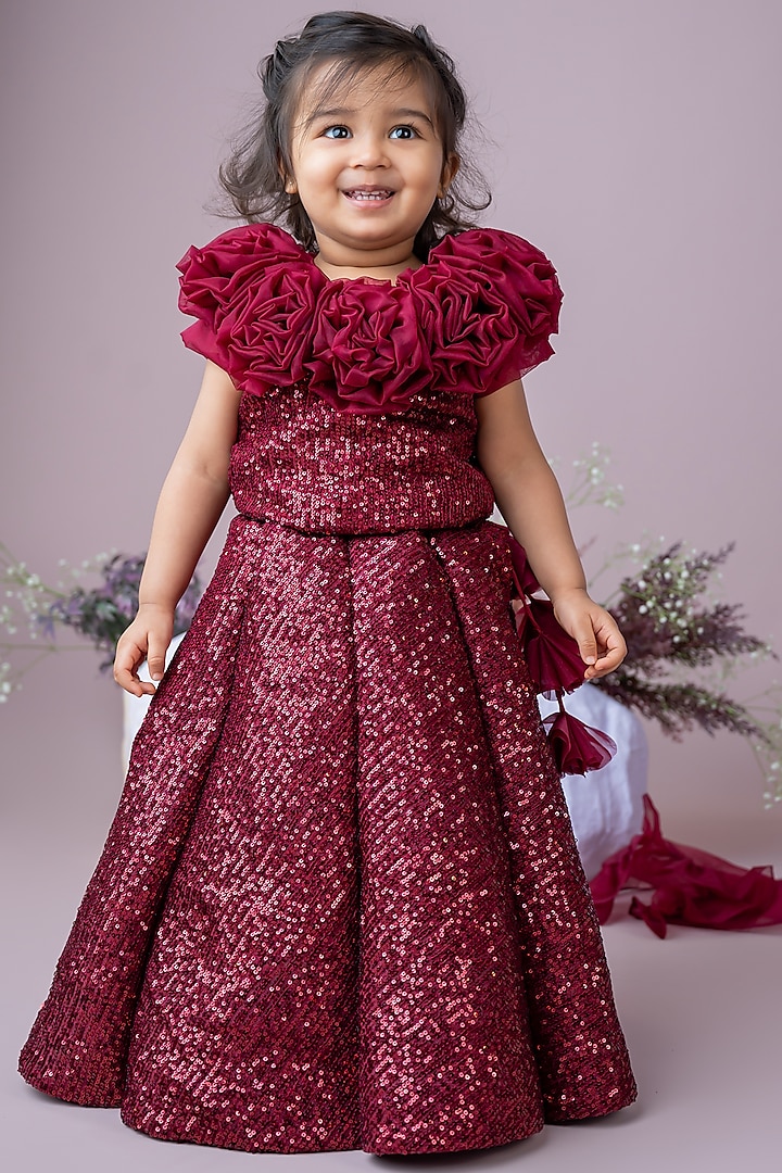 Maroon Sequined Floral Embellished Lehenga Set For Girls by Label Neeti at Pernia's Pop Up Shop