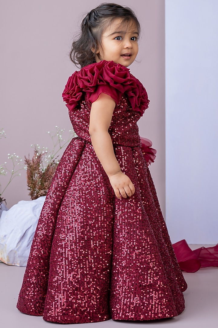 Maroon Sequined Floral Embellished Lehenga Set For Girls by Label Neeti at Pernia's Pop Up Shop