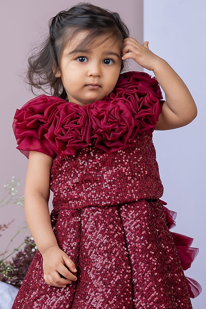 Maroon Sequined Floral Embellished Lehenga Set For Girls by Label Neeti at Pernia's Pop Up Shop