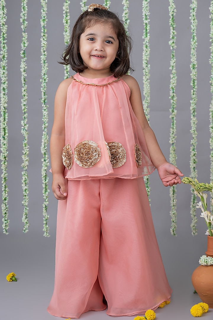 Peach Organza Floral Embellished Co-Ord Set For Girls by Label Neeti at Pernia's Pop Up Shop