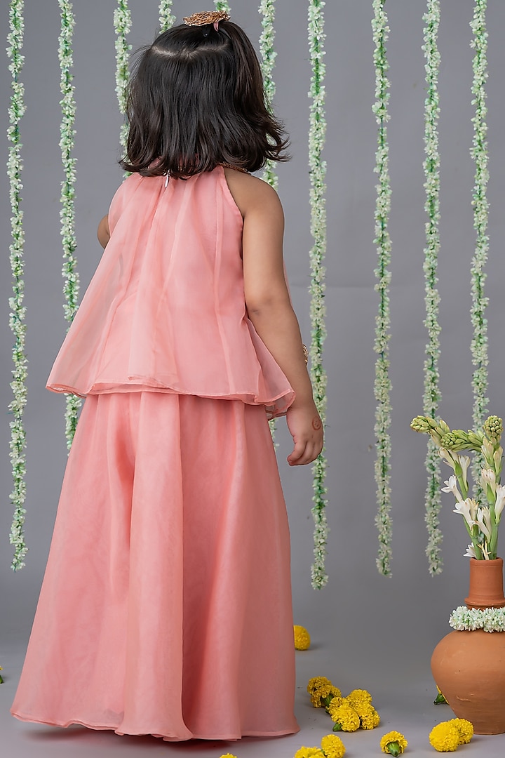 Peach Organza Floral Embellished Co-Ord Set For Girls by Label Neeti at Pernia's Pop Up Shop