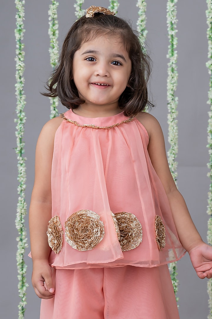 Peach Organza Floral Embellished Co-Ord Set For Girls by Label Neeti at Pernia's Pop Up Shop