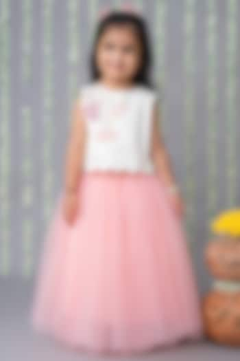 Pink Tulle 3D Floral Hand Embroidered Skirt Set For Girls by Label Neeti at Pernia's Pop Up Shop