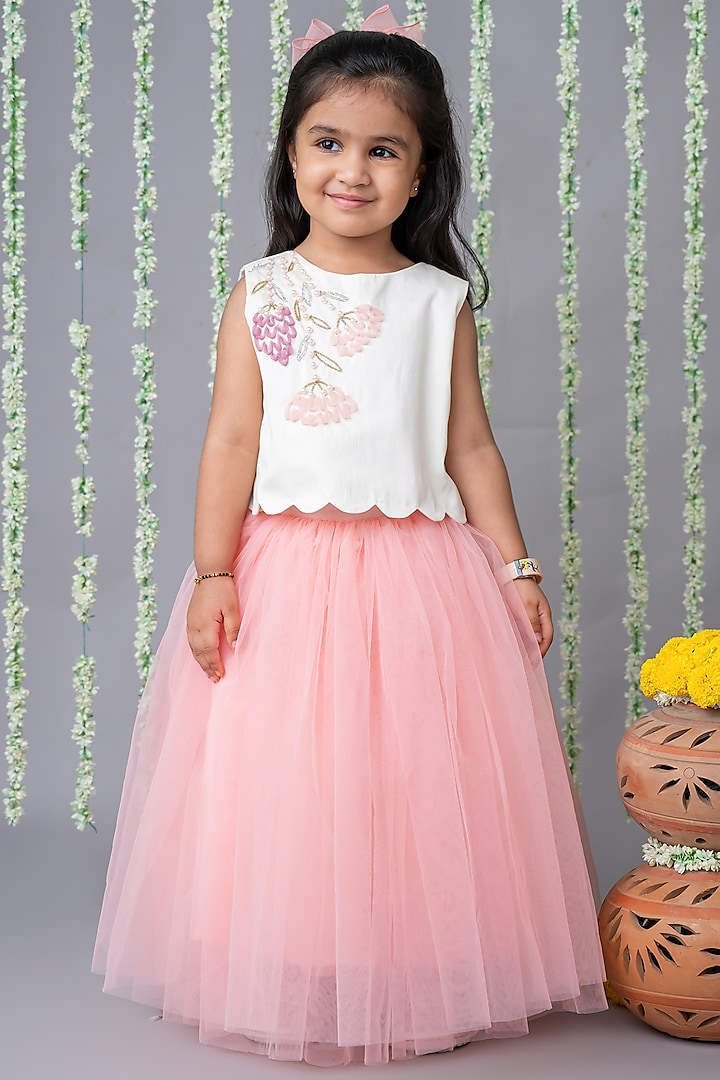 Pink Tulle 3D Floral Hand Embroidered Skirt Set For Girls by Label Neeti at Pernia's Pop Up Shop