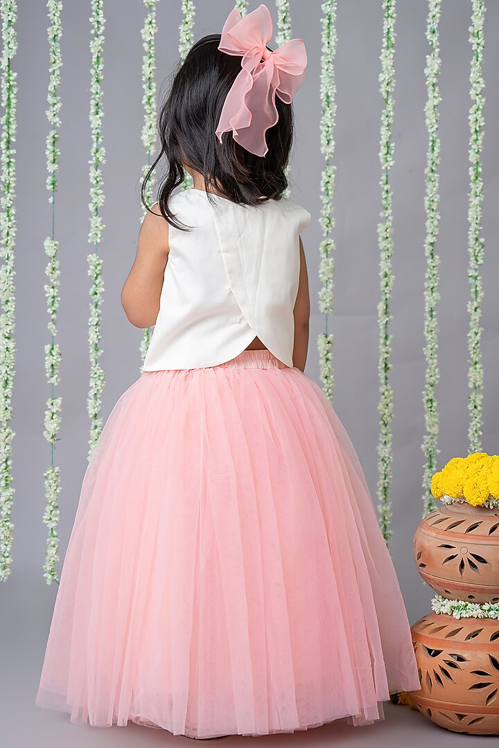 Pink Tulle 3D Floral Hand Embroidered Skirt Set For Girls by Label Neeti at Pernia's Pop Up Shop