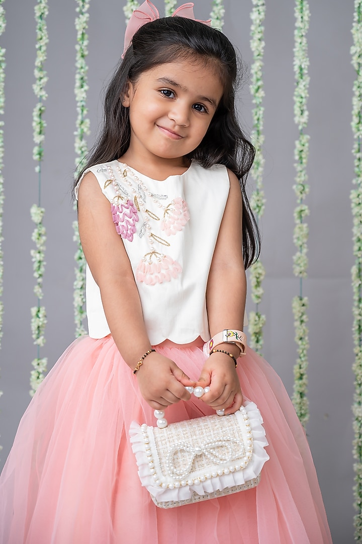 Pink Tulle 3D Floral Hand Embroidered Skirt Set For Girls by Label Neeti at Pernia's Pop Up Shop