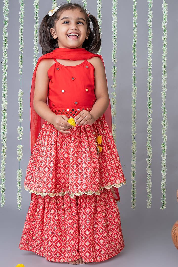 Red Cotton Satin & Georgette Printed Sharara Set For Girls by Label Neeti at Pernia's Pop Up Shop