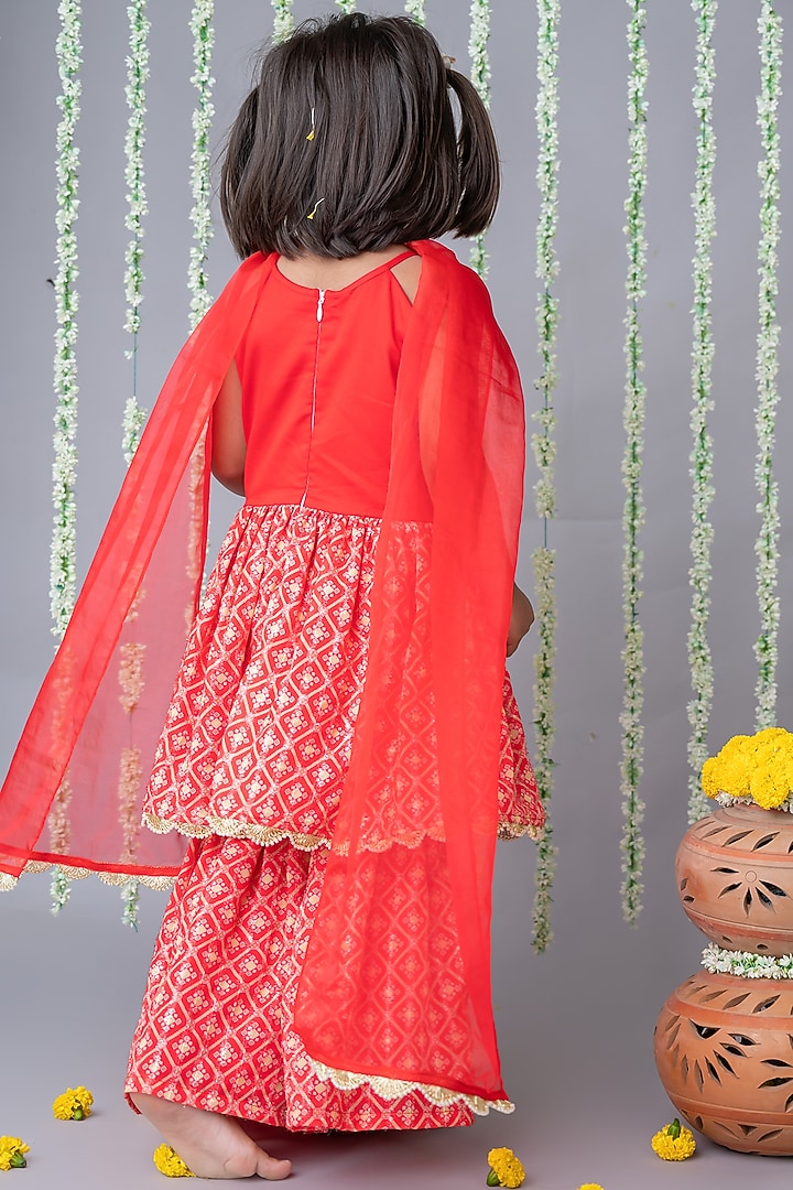 Red Cotton Satin & Georgette Printed Sharara Set For Girls by Label Neeti at Pernia's Pop Up Shop