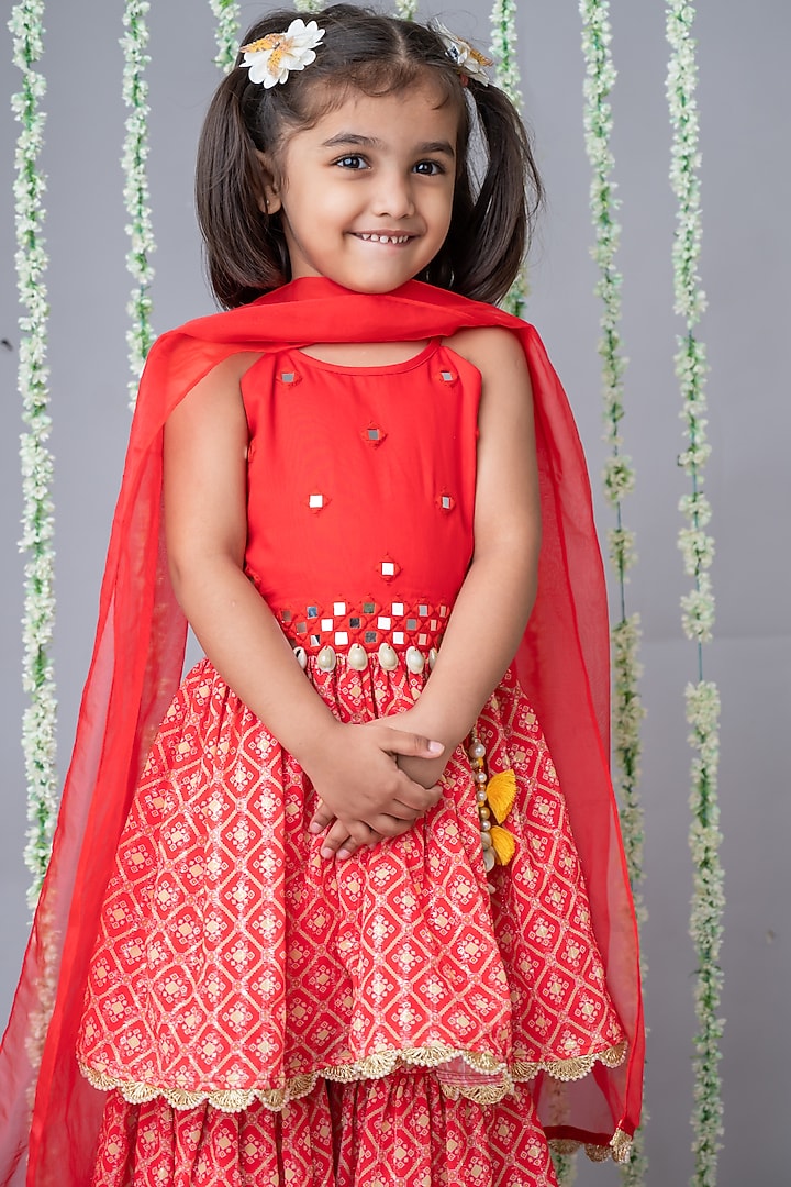 Red Cotton Satin & Georgette Printed Sharara Set For Girls by Label Neeti at Pernia's Pop Up Shop
