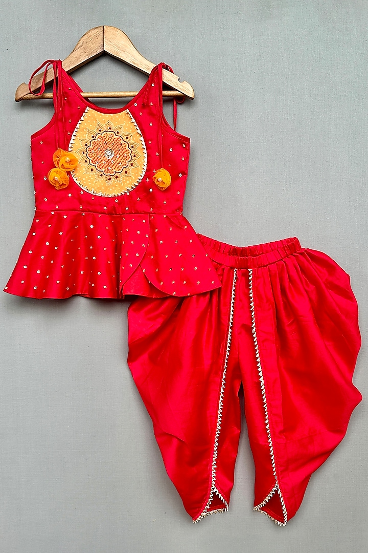 Red Cotton Satin Dhoti Set For Girls by Label Neeti at Pernia's Pop Up Shop