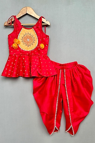 Red Cotton Satin Dhoti Set For Girls by Label Neeti