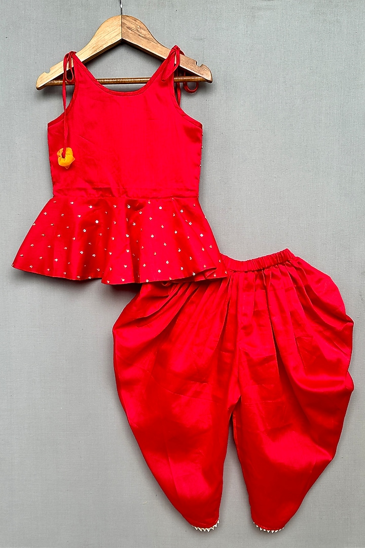 Red Cotton Satin Dhoti Set For Girls by Label Neeti at Pernia's Pop Up Shop