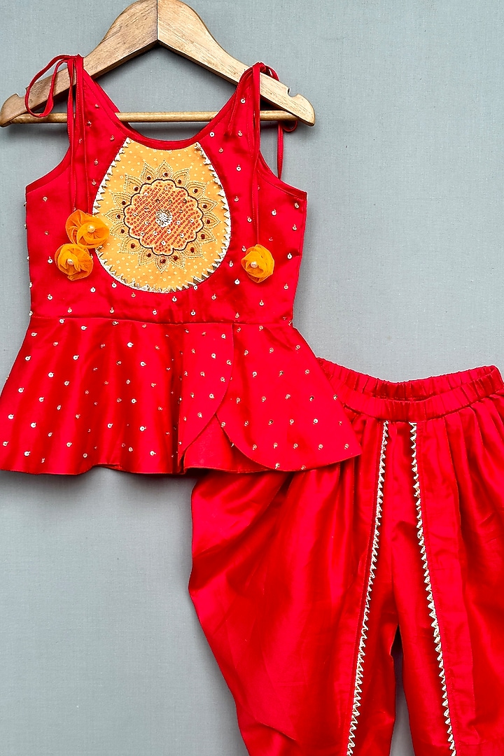 Red Cotton Satin Dhoti Set For Girls by Label Neeti at Pernia's Pop Up Shop