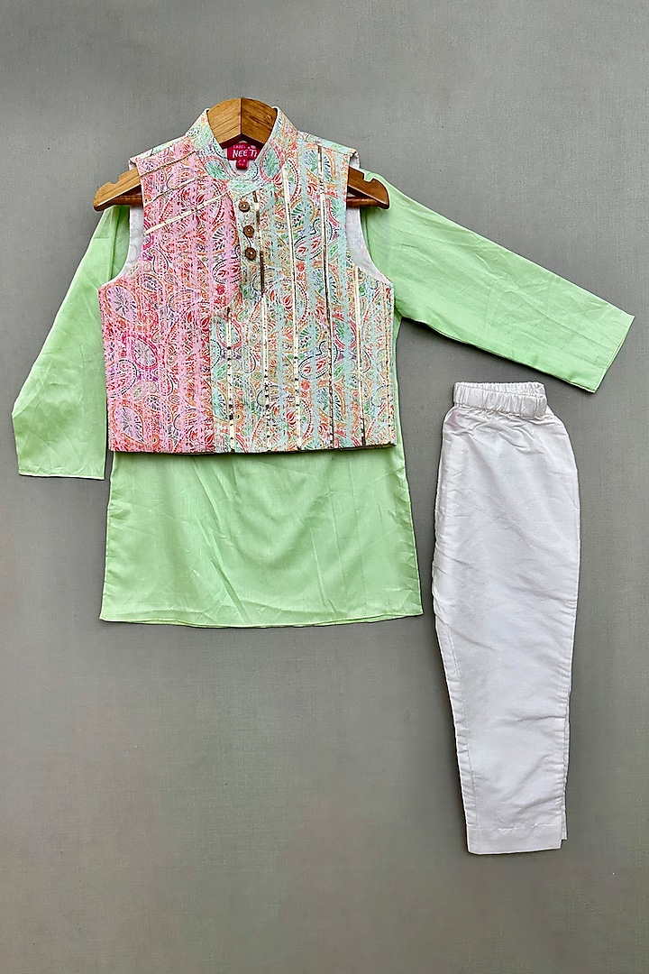 Pastel Green Cotton Silk Paisley Striped Nehru Jacket Set For Boys by Label Neeti