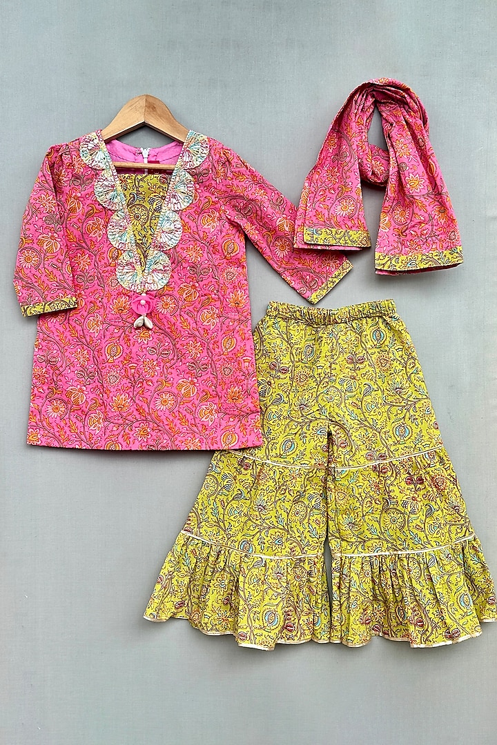 Green Cotton Floral Printed Sharara Set For Girls by Label Neeti at Pernia's Pop Up Shop