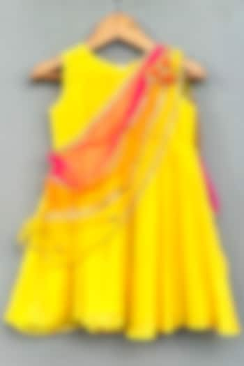 Yellow Muslin & Net Draped Dress For Girls by Label Neeti at Pernia's Pop Up Shop