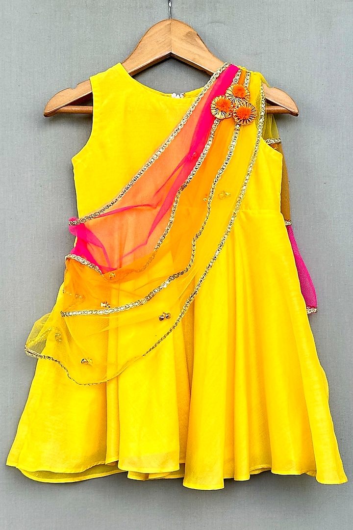 Yellow Muslin & Net Draped Dress For Girls by Label Neeti at Pernia's Pop Up Shop