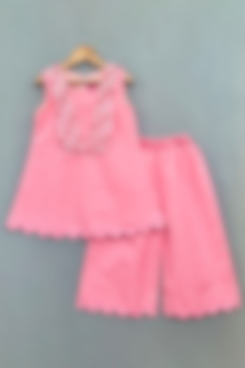 Pink Cotton Linen Hand Embroidered Co-Ord Set For Girls by Label Neeti at Pernia's Pop Up Shop